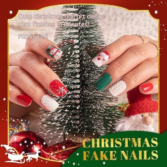 Vamony 30Pc Christmas Press on Nails Short Glossy Square Cute Red Xmas Fake Nail - Picture 2 of 9
